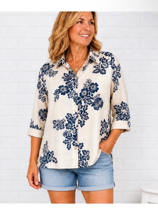 Chico's Tops - Chico's Womens Blue Floral 100%
Linen Beachy Boho Button Front Shirt Size 2.5
